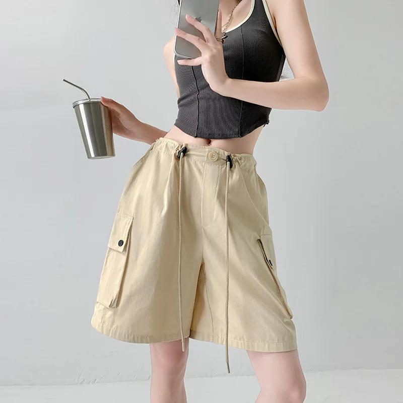 Female Summer Loose Straight Tooling Casual Hot Girl Wide Leg Sports Biker Shorts Women  Pure Cotton Washed Ultra-slim