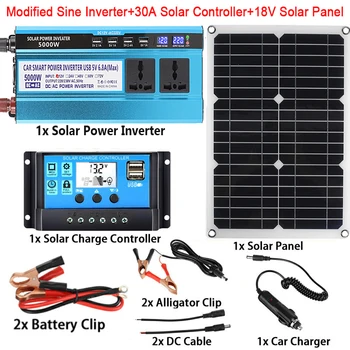 12V to 220V Solar Power System 20W 18V Solar Panel+30A Charge Controller+5000W Modified Sine Wave Inverter Power Generation Kit