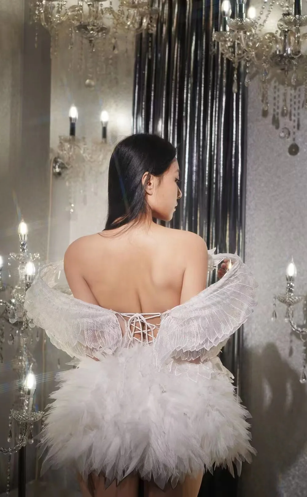 Sexy Evening Celebrate Wedding Birthday Dress Women Dance Costume Elegant White Wings Off Shoulder Bandage Backless Short Dress