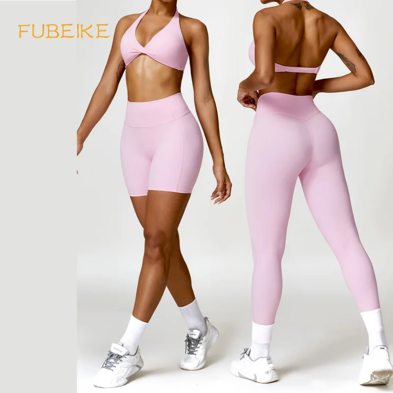 FUBEIKE 2 Pieces Set Pink Women's Underwear Seamless Women Panties Yoga Suits Beauty Back Quick-Drying Running Workout Clothes