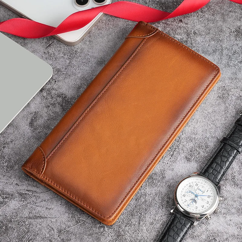 

New Men Long Wallets Vintage RFID Genuine Leather Male Credit Card Holder Money Coin Purses Solid Simplicity Wallet for Man