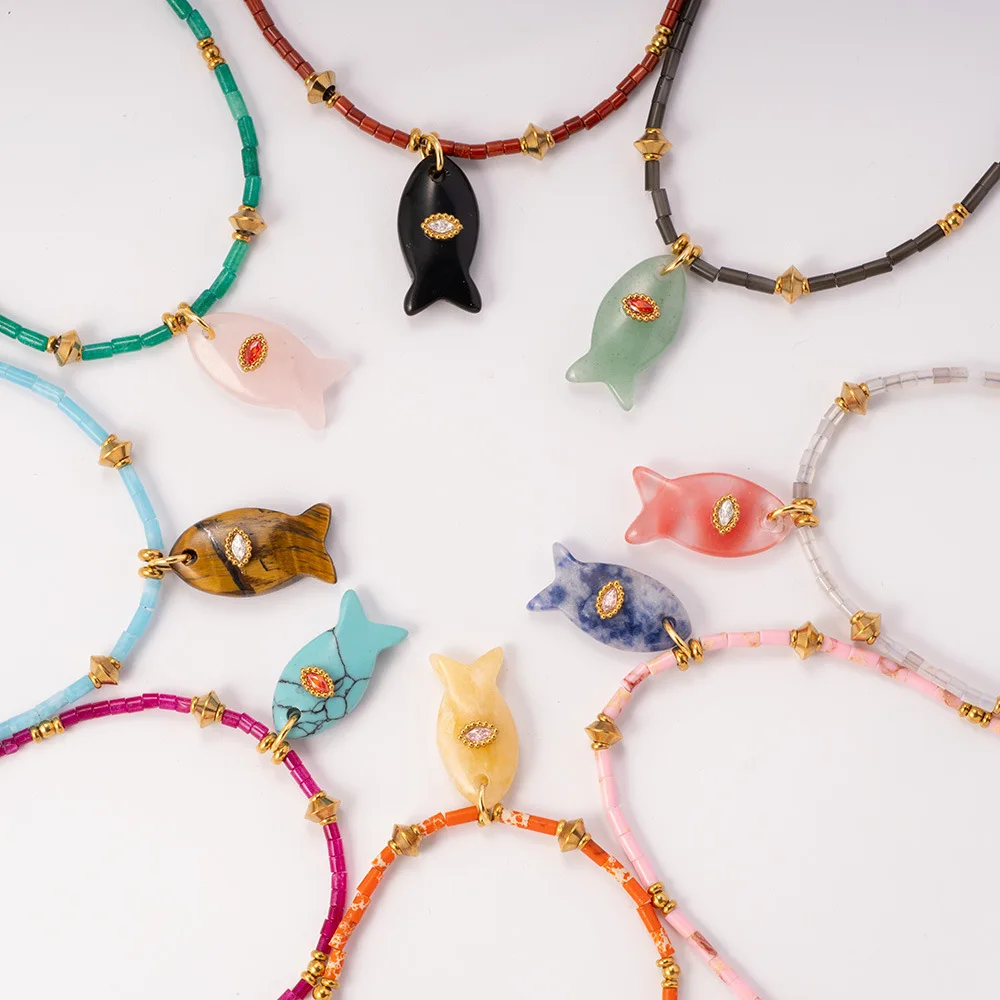 Handmade Natural Stone Fish Shape Pendant Beads Colour Short Neckalce Cute Opal Zircon Eye Neckalce Summer Collar Jewelry Gifts