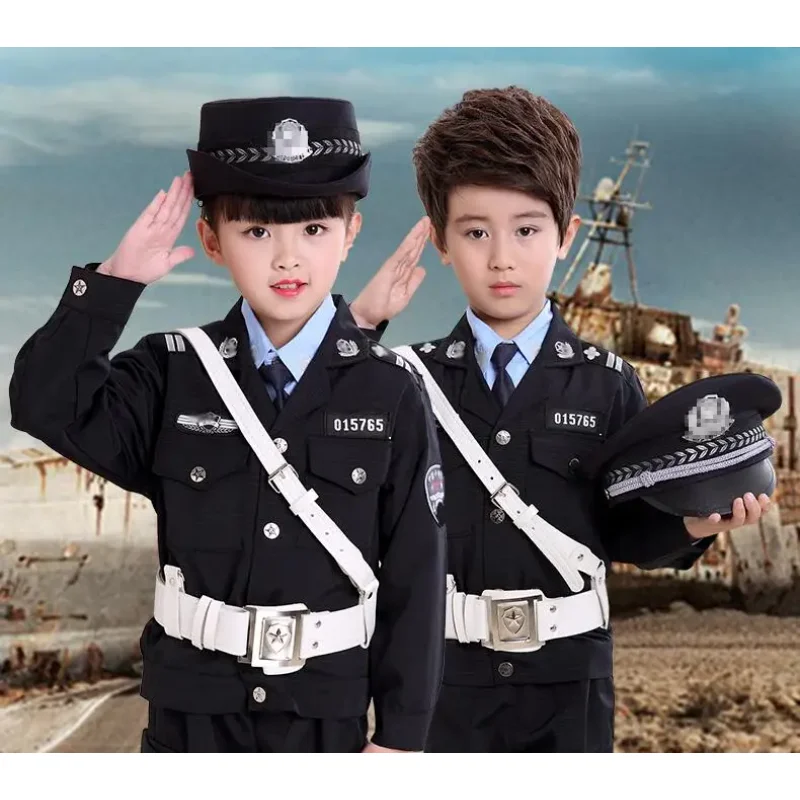 Police Uniform Boy Performance Clothing Include Jacket Pant Belt Hat Traffic Cosplay Suit Spring