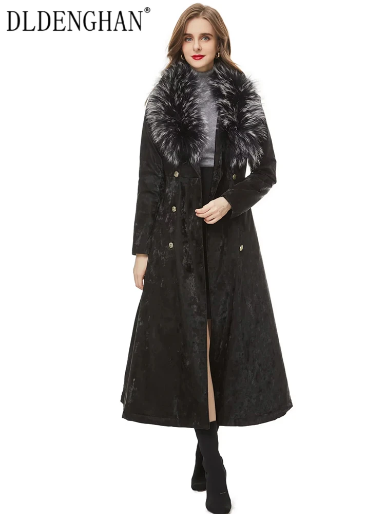

DLDENGHAN зимнее пальто для женщин перо отложной воротник с длинным рукавом поясом Офисная Женская двубортная верхняя одежда модная дизайнерская новинка