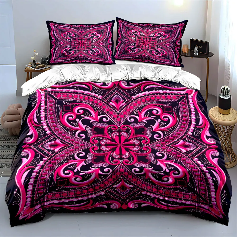 Boho Mandala Embroidery Pattern Bedding Set, Symmetrical Ethnic Floral Print Duvet Cover Set, Bohemian Soft Microfiber Bed 3pcs 2