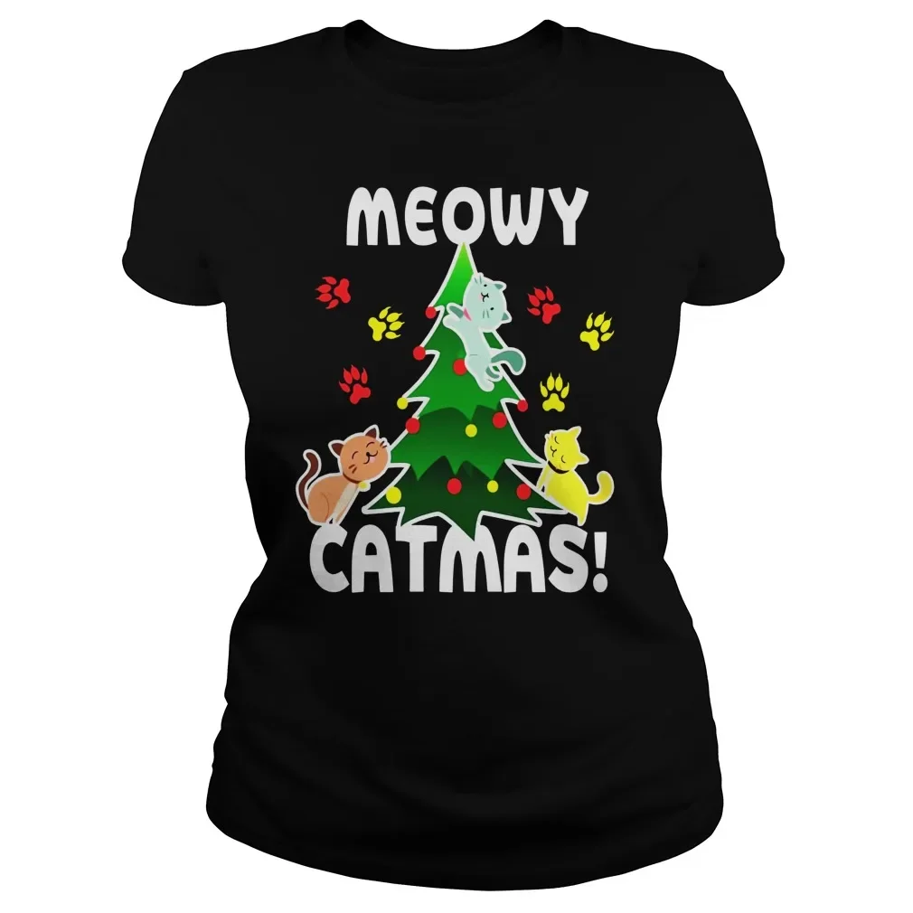 

Meowy Catmas Christmas Holiday Tree T-shirt Ladies Tee