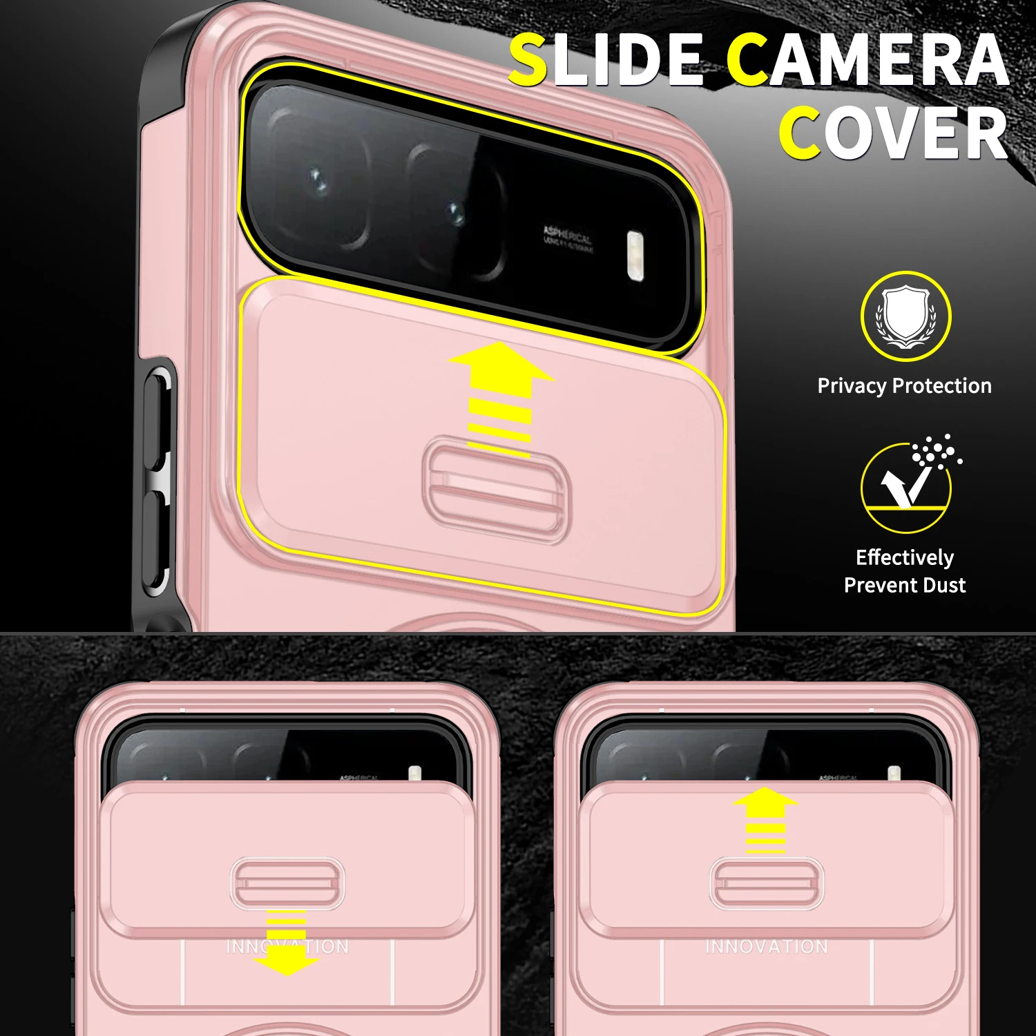 Rotating Ring Phone Case with Magnetic Charging Cover and Sliding Lens Protector