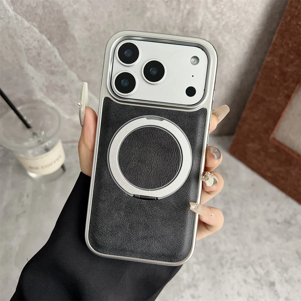 Elegant Rotating Magnetic Leather Phone Stand Case with Air Plating Hybrid Protector Cover