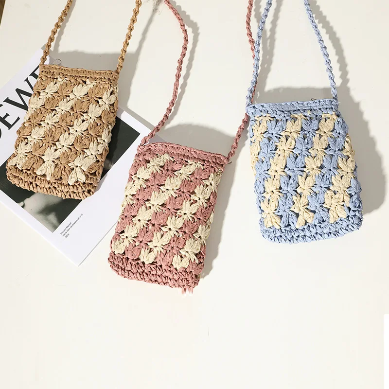 Bolso de ganchillo tejido para teléfono móvil, bandolera pequeña de paja, estilo bohemio, a la moda, para mujer