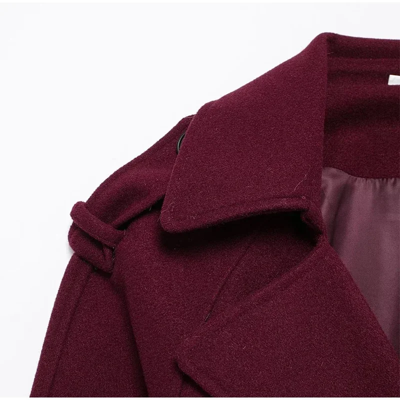 Fashion Burgundy Red Double Breasted Overcoat Women Lace Up Loose Lapel Pockets Long Sleeve Coat New High Street Outerwear