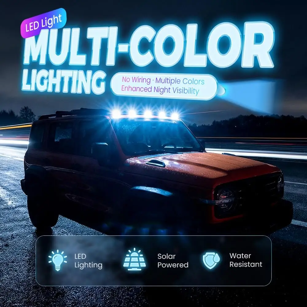 รูปสินค้า ไฟส่องสว่างหลังคารถยนต์พลังงานแสงอาทิตย์ LED สโตรบ RGB ไร้สาย