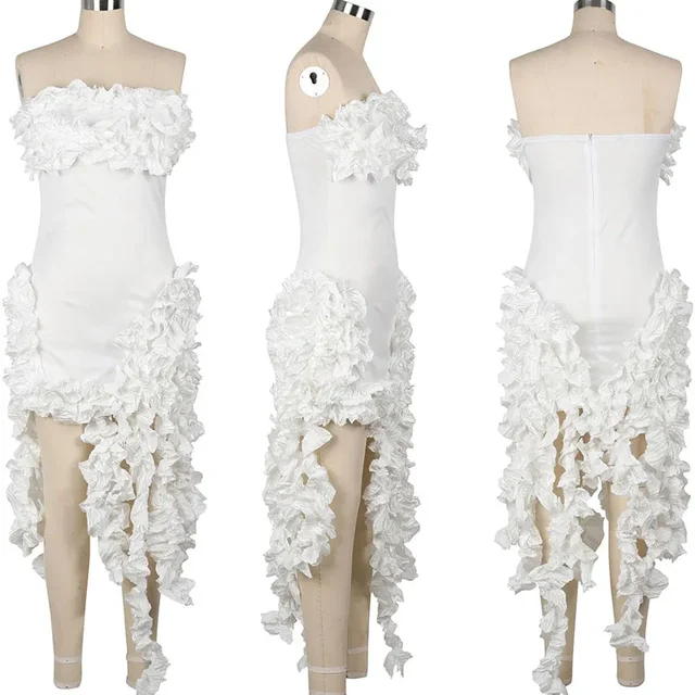Robe d'anniversaire élégante à volants et franges pour femmes, tenue de soirée longue de célébrité, irrégulière, sans bretelles, sans manches, 2024