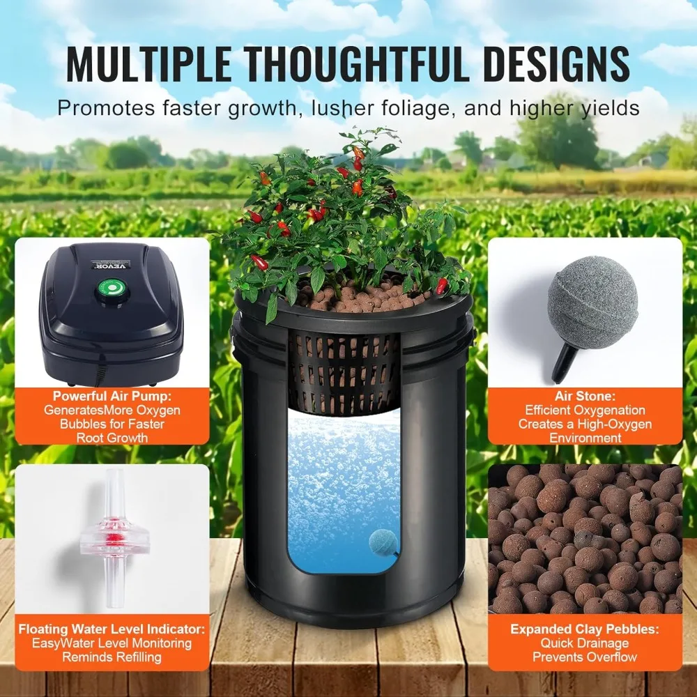 RDWC Hydroponics Grow System, Hydroponic Growing Kit with Top Drip, Recirculating Deep Water Culture 4 Buckles and 1 Reservoir