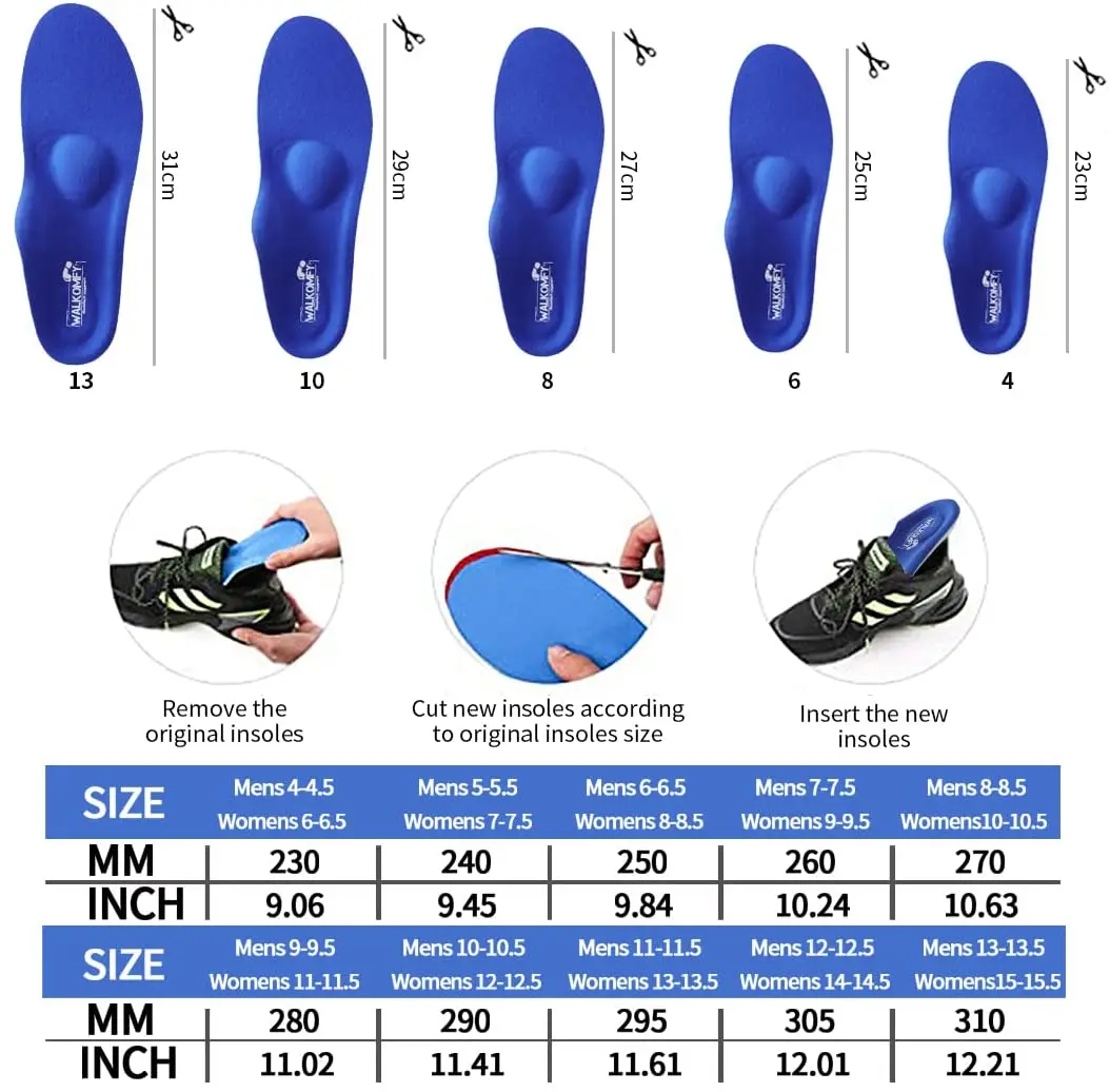 Walkomfy Flat Feet Arch Support Orthopedic Insoles,Men Women Plantar Fasciitis Heel Pain Orthotics Insoles Sneakers Shoe Inserts