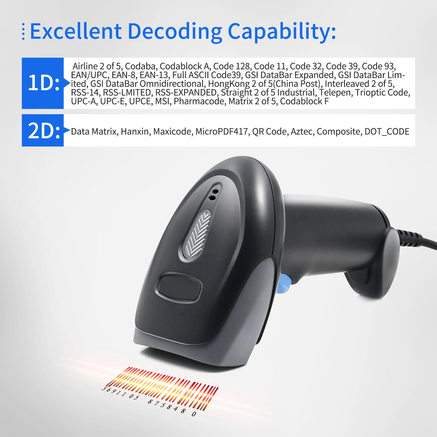 【Sale】Handheld Barcode Scanner 1D/2D/QR  Scanner 2.4G Wireless & USB Wired Bar Reader for Windows Mac Linux for Supermark