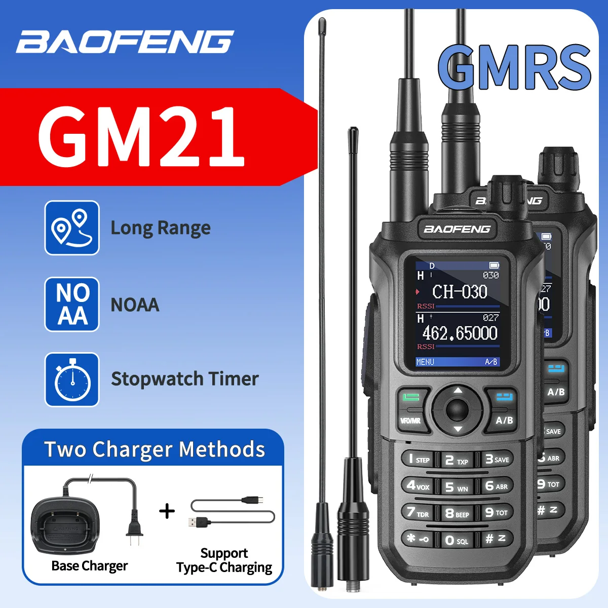 2PCS BAOFENG GM-21 GMRS Walkie Talkie Wireless Copy Frequency Type-C NOAA Upgraded UV-21 PRO Ham Radio Two Way Radio For Hunting
