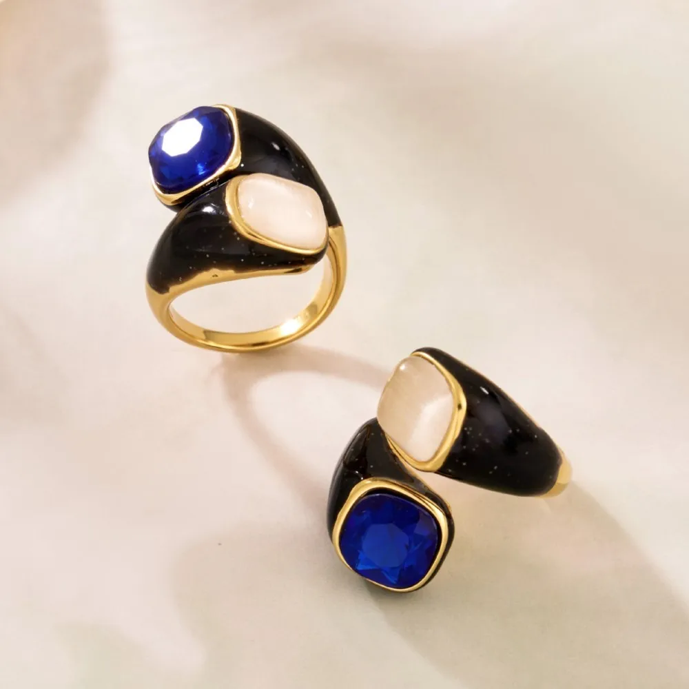 Blue Opal Stone Hug Ring: 18K Gold Plated Statement Chunky Band with Black Enamel Design