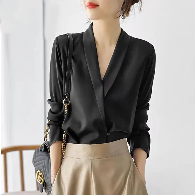 Womens Clothing 2023 Black White V Neck Long Sleeve Simple Elegant Suit Shirts Fashion Business Casual Office Lady Blouse Blusas