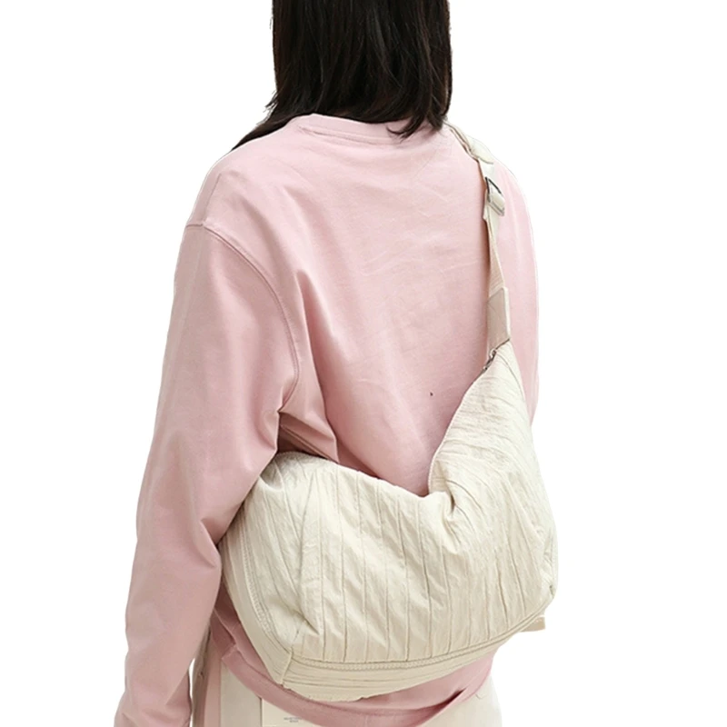 Canvas Pleated Shoulder Bag Casual Travel Large Capacity Zippered Crossbody Bag