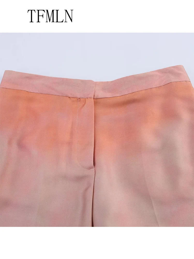 TFMLN 2025 Summer Sweet Women Tie Dye Top Pant Suit Fashion Sleeveless V-neck Lace Up Top Zipper Straight Pant Causal Outfits