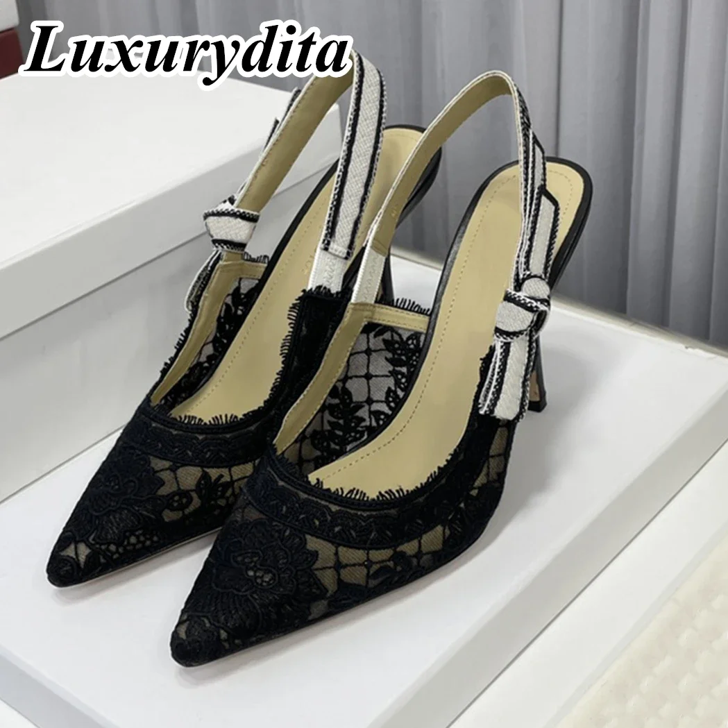 

Top Quality Luxury Womens High Heel Sandal Casual Lace Fashion Embroidered Muller Flat Shoes Designer Silk Leather Soled XY63