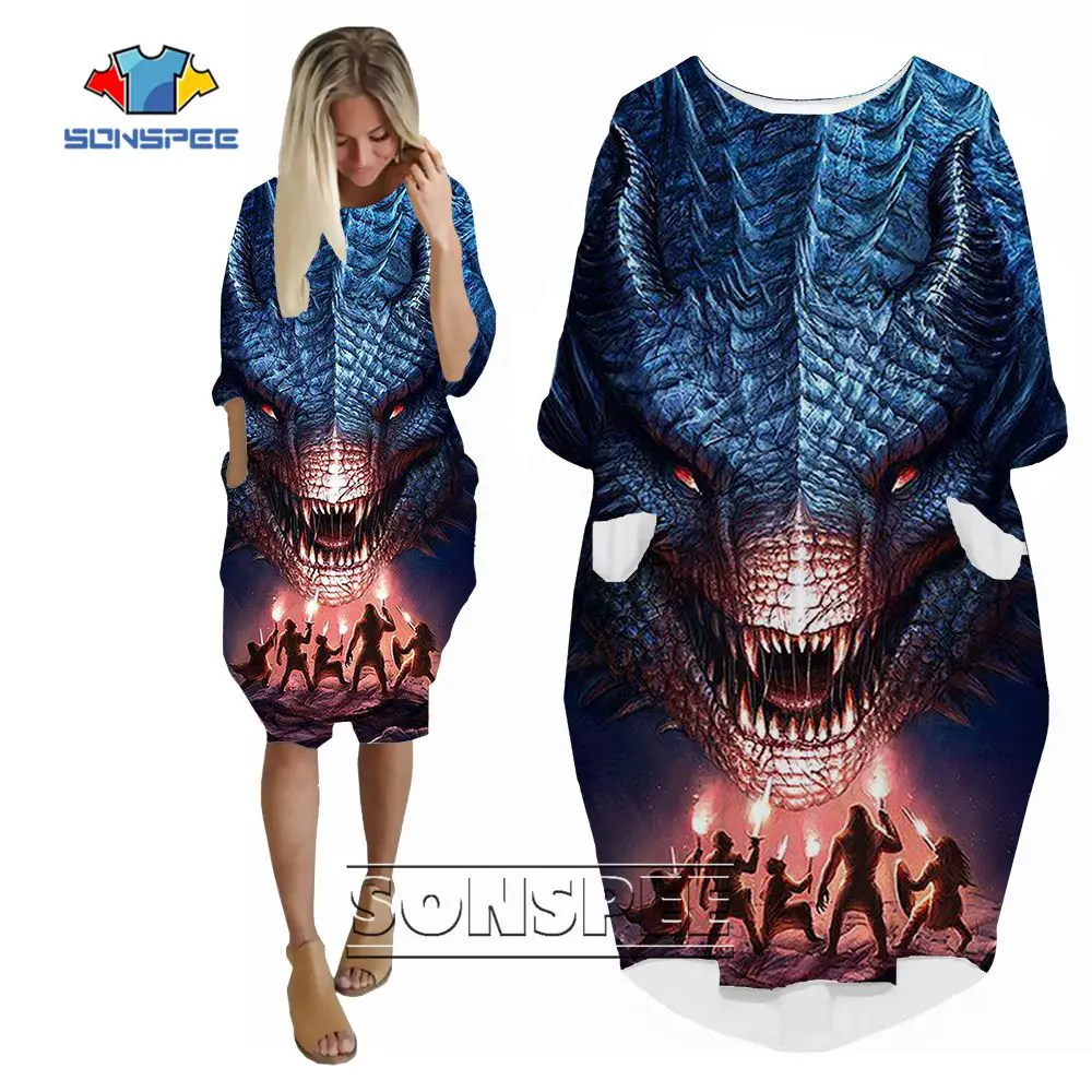 

SONSPEE Snake King Monster 3D Print Women's Cool Dress Amazing Designs Long Sleeve Pocket Skirt Loose Streetwear Skirt Suits