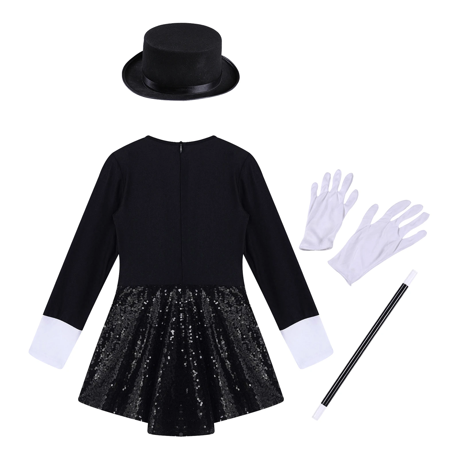 Kids Girls Magician Costume Halloween Circus Cosplay Performance Clothes Shiny Sequin Leotard Dress with Hat Magic Wand Gloves cosplay costume kids girls dress halloween dress outfit