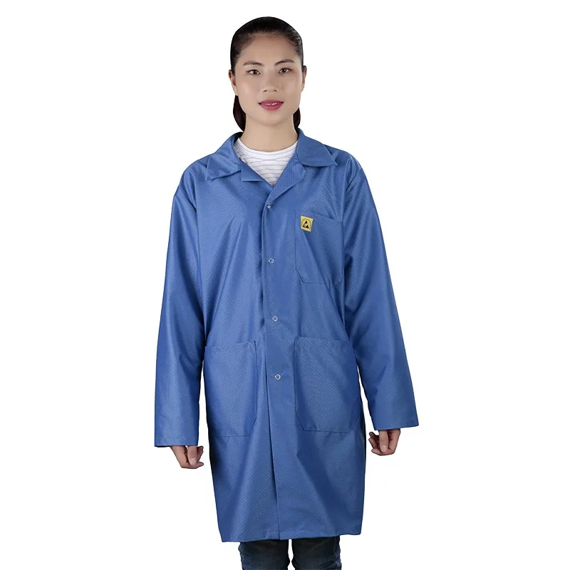 ESD Lab Coat with Lapel Collar, 3 Pockets & Snap Cuffs, Knee Length Anti-Static Jacket