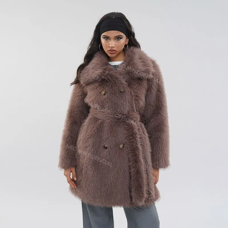 Luxury Brand Belted Long Fluffy Faux Fur Coat Women Winter Thicken Warm Lapel Fox Fur Collar Furry Jacket Overcoat