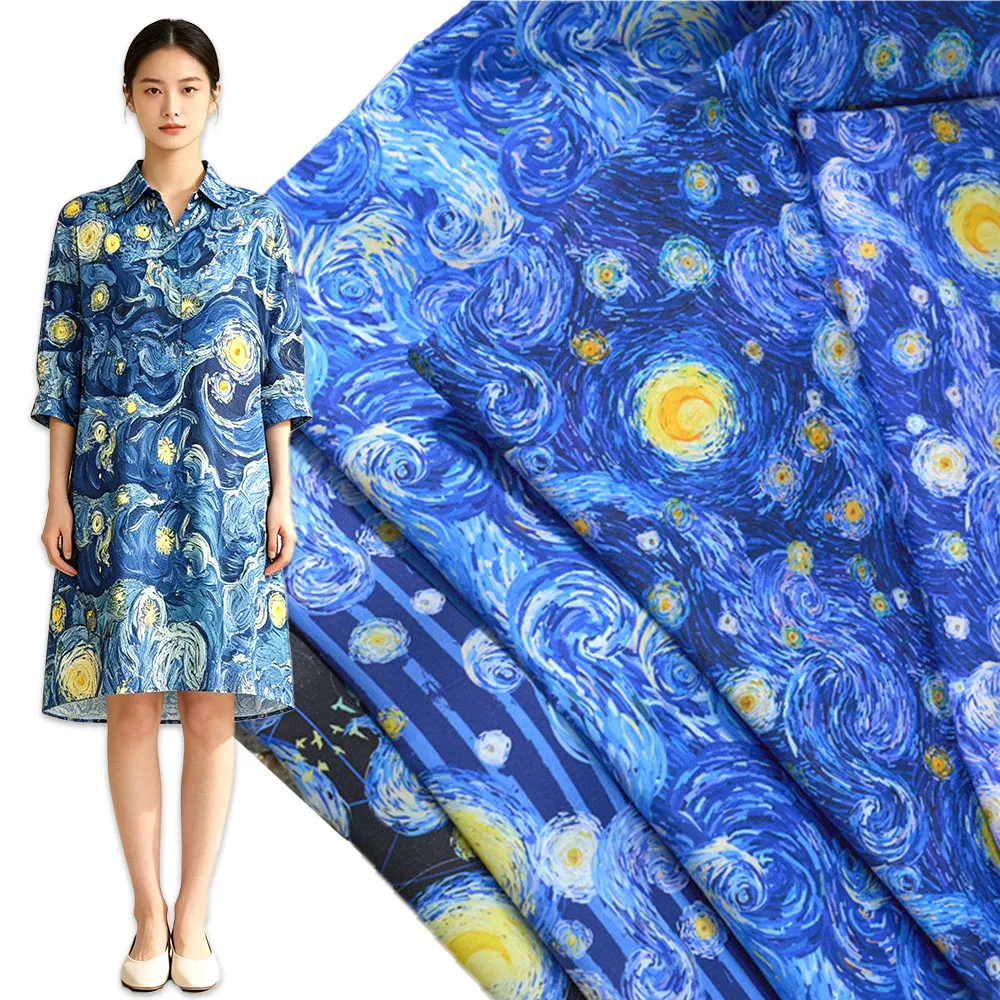 Van Gogh Inspired Starry Sky Cotton Print Fabric - 145x50cm for DIY Projects and Home Decor