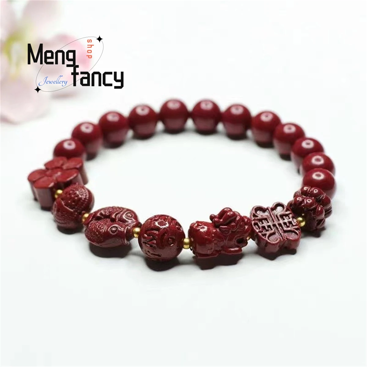 

Natural Cinnabar Purple Gold Sand Double Fish Pixiu Peach Flower Beads Bracelet Simple Generous Personality Retro Women Mascot