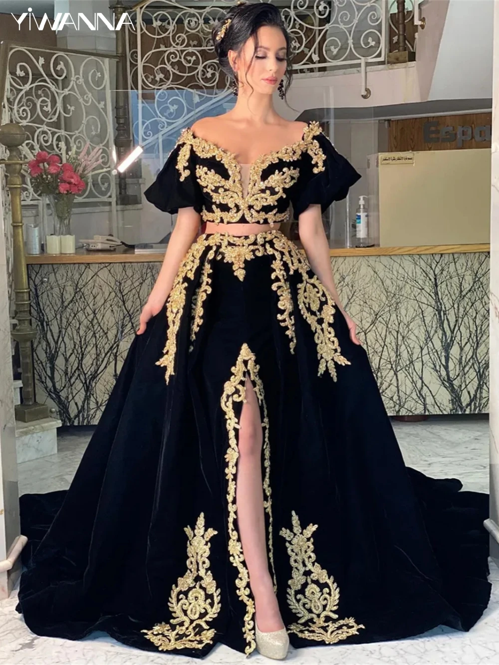 

Gracceful Off The Shoulder Wedding Dress Sparkly Sequins Appliques Bride Robe Muslim Satin Long Bridal Gown Robe De Mariée