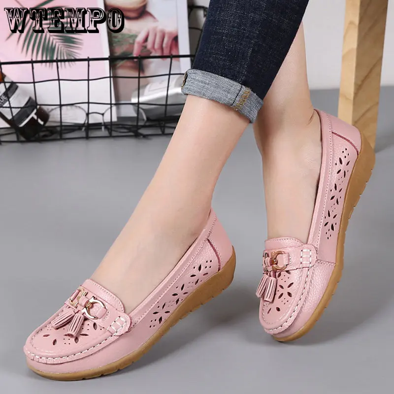 

WTEMPO Women Flats Summer Female Genuine Leather Shoes with Low Heels Slip-ons Casual Women Loafers Soft Nurse Ballerina Shoes