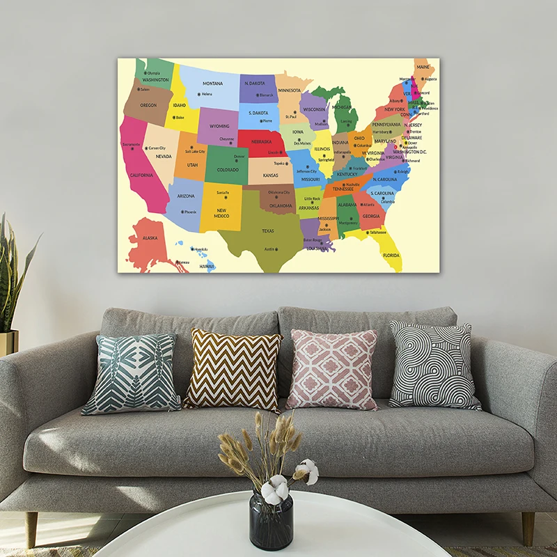 The USA Map In English 150*100cm Canvas Painting Wall Art Poster and Prints Office Supplies Living Room Home Decoration