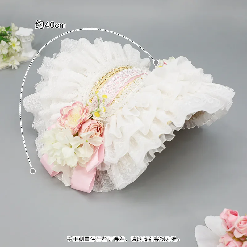Lace Flower Ribbon Straw Hat Lolita Cosplay Hat Bonnet French for Beach Vacation