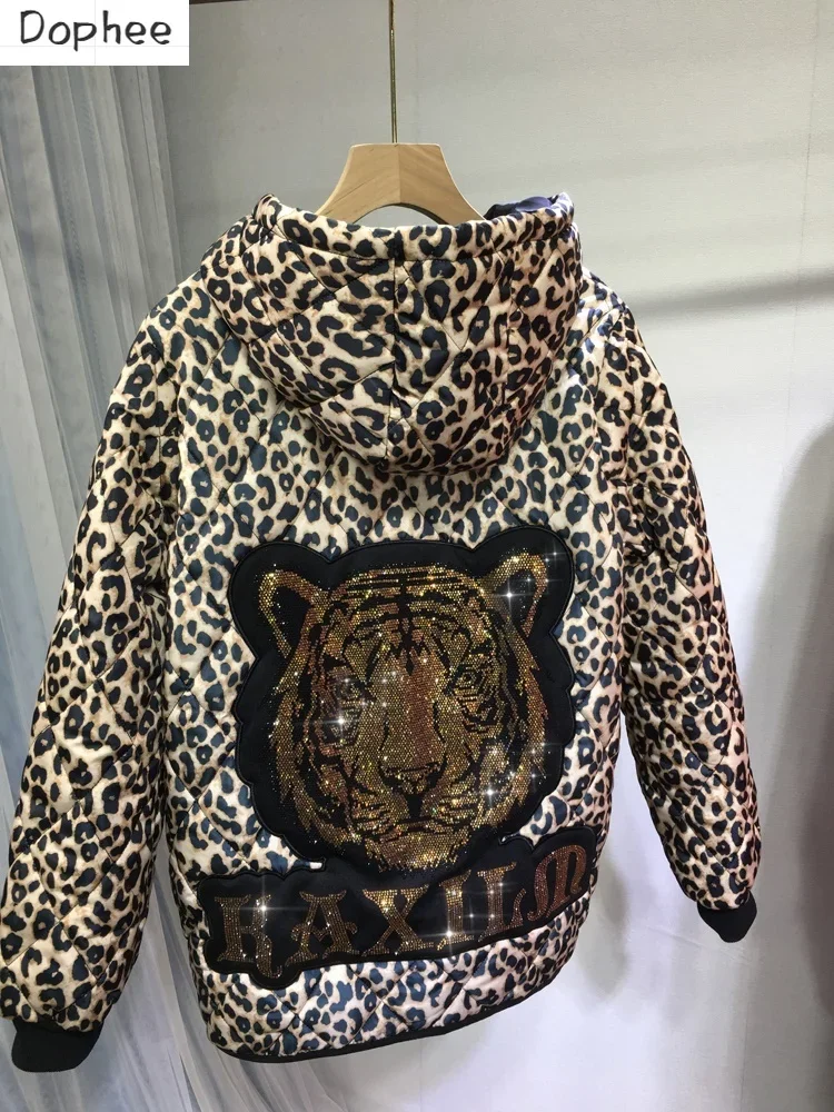 

Dophee Thicken Quilted Women Cotton-padded Coat Autumn Winter Leopard Vests Coats Hot Drilling Tiger Hooded Wadded Jacket Trendy