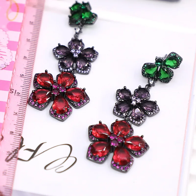 Flower Drop Earrings with Micro Pave Zircon Crystals