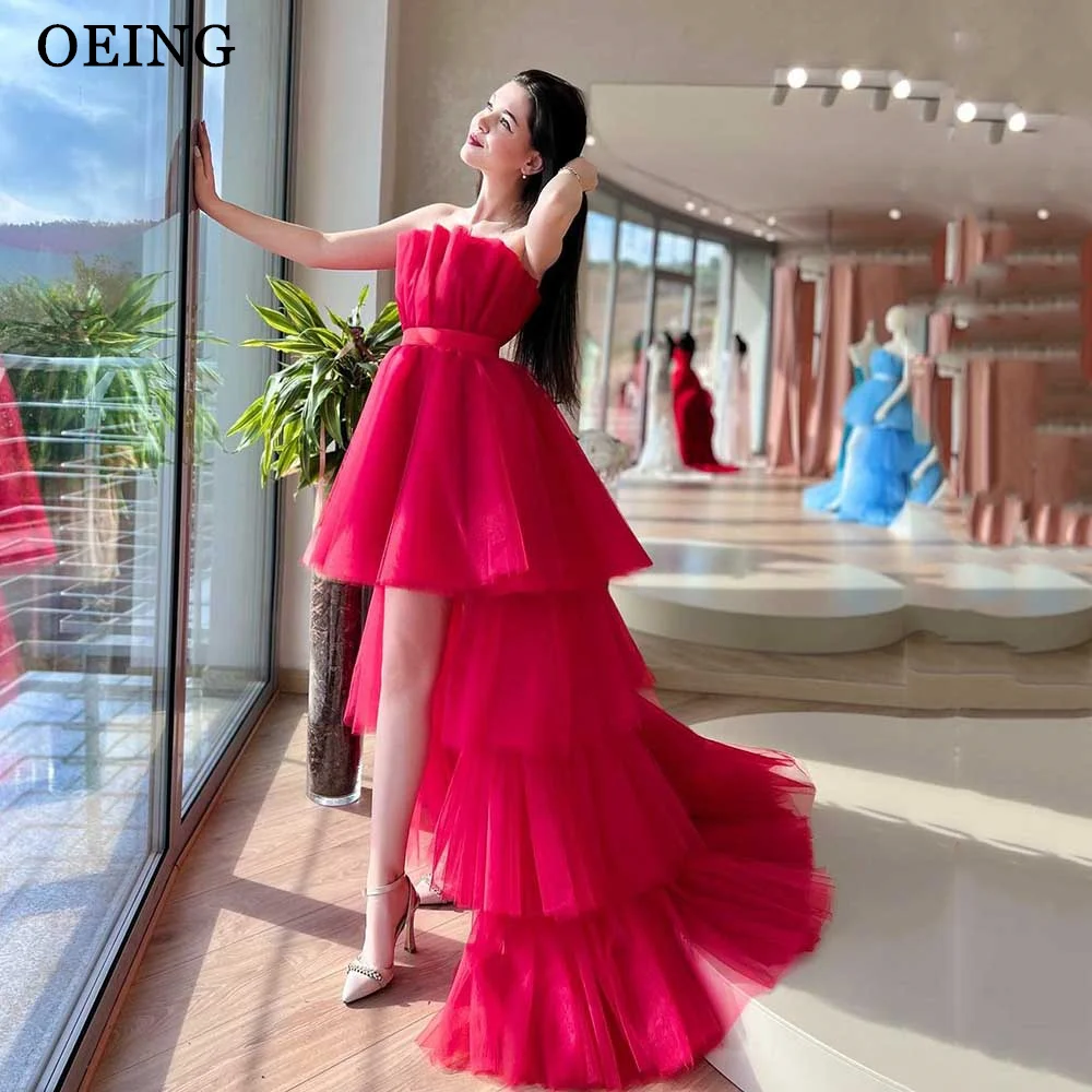 

OEING Simple Red Tulle Prom Dresses Princess Strapless Floor Length Evening Gowns Short Front Long Back Birthday Party Dress