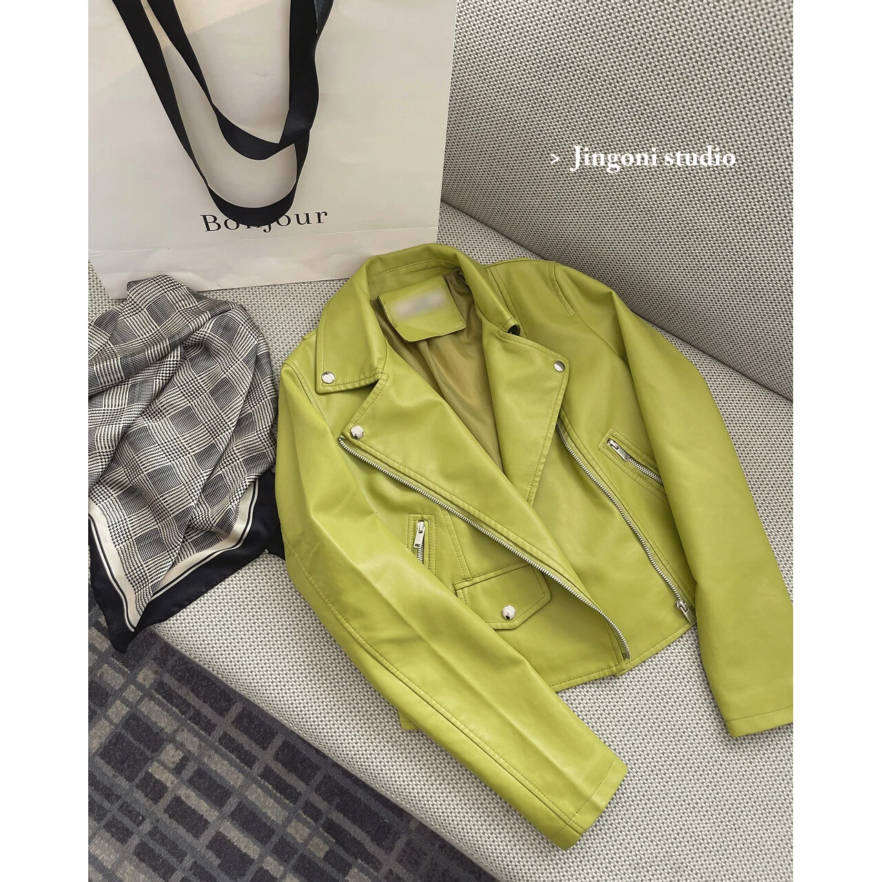2023 Woman Green Moto Biker Zipper Faux Pu Leather Jackets Blazers Trench Coats Y2k Clothes Raincoats Overcoat Spring Stylish
