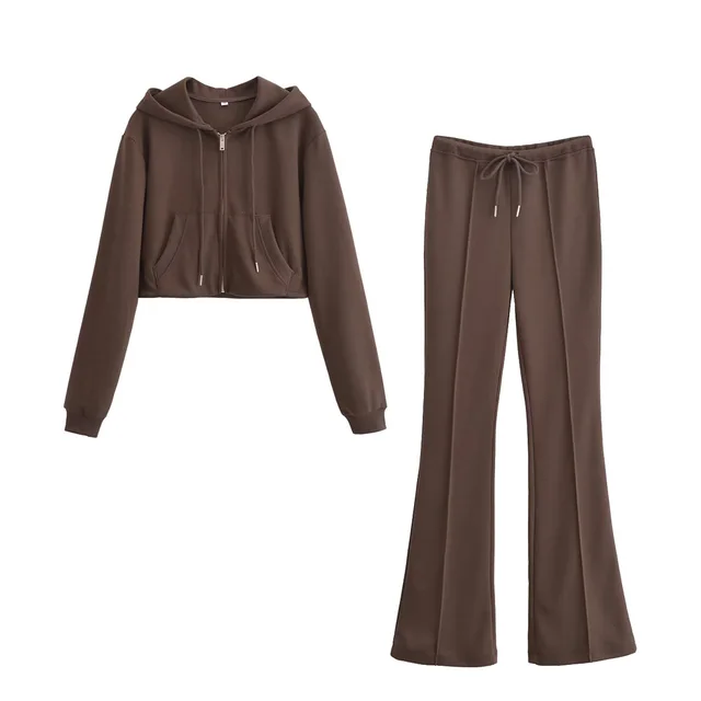 Women's Hooded Zip Up Cropped Jacket and Drawstring Flared Pants Set Cozy and Stylish for Daily and Sporty Looks
