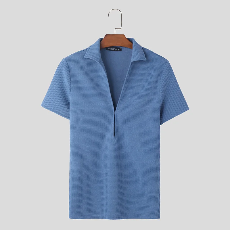INCERUN Tops 2024 estilo coreano moda para hombre textura diseño en V profundo camisetas casuales ropa de calle de manga corta de punto camiseta S-5XL