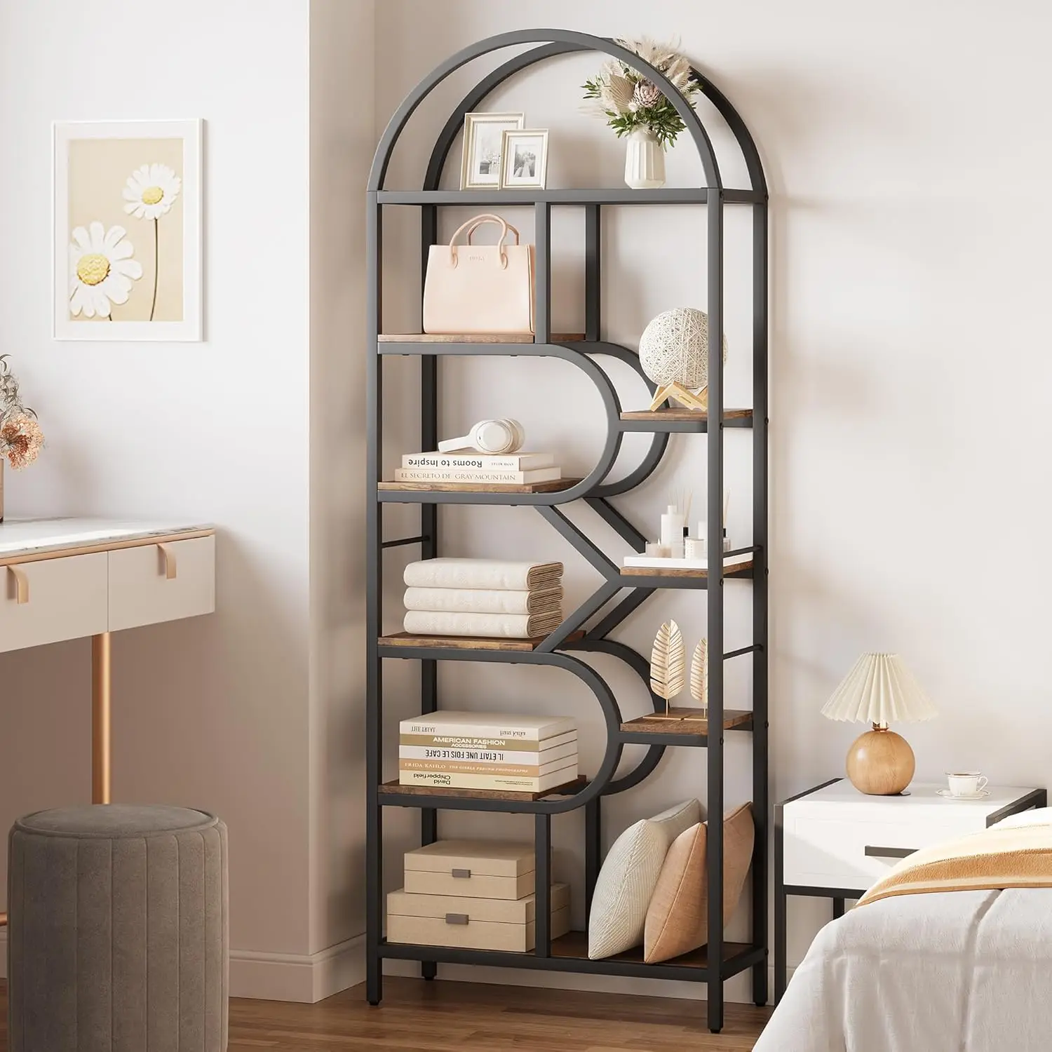 6-stufiges offenes Bücherregal, 206 cm hoch, geschwungenes Bücherregal, offenes Aufbewahrungsregal, freistehendes Präsentationsregal für Büro, Schlafzimmer, Wohnzimmer – Detail 1