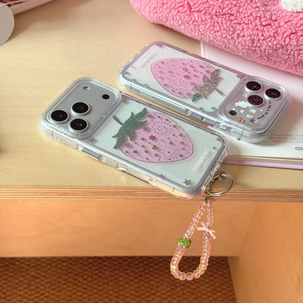 Strawberry Glitter Diamond Pink Transparent Phone Case