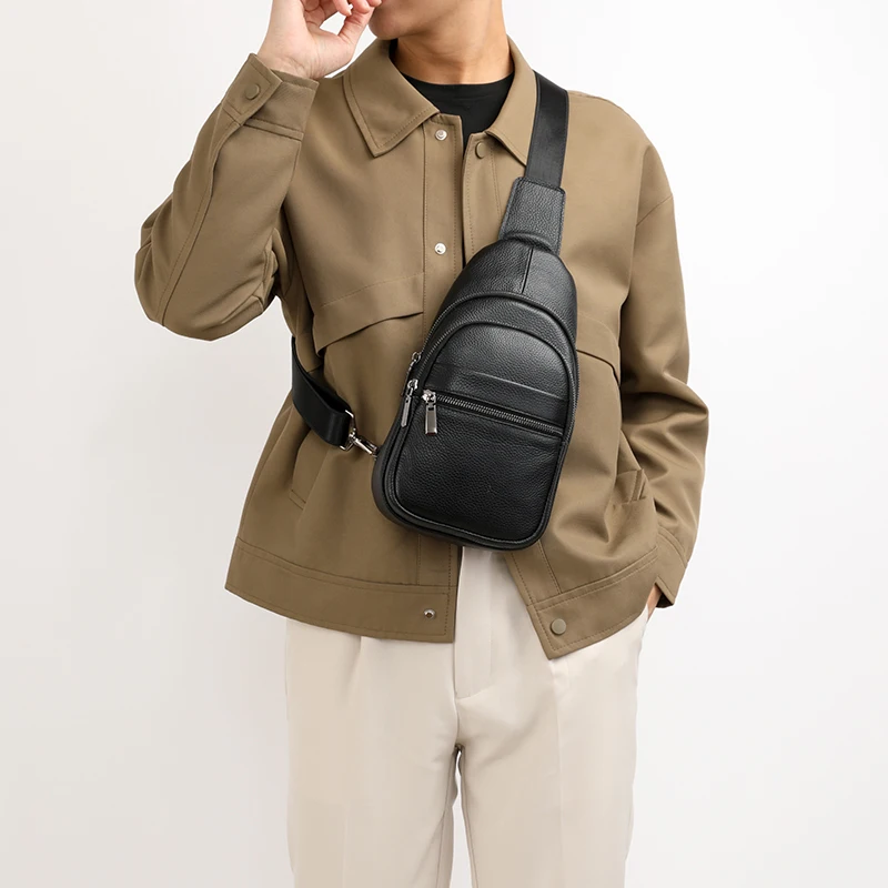 Stylish genuine leather sling bag for men with multiple compartments, ideal for everyday carry or travel