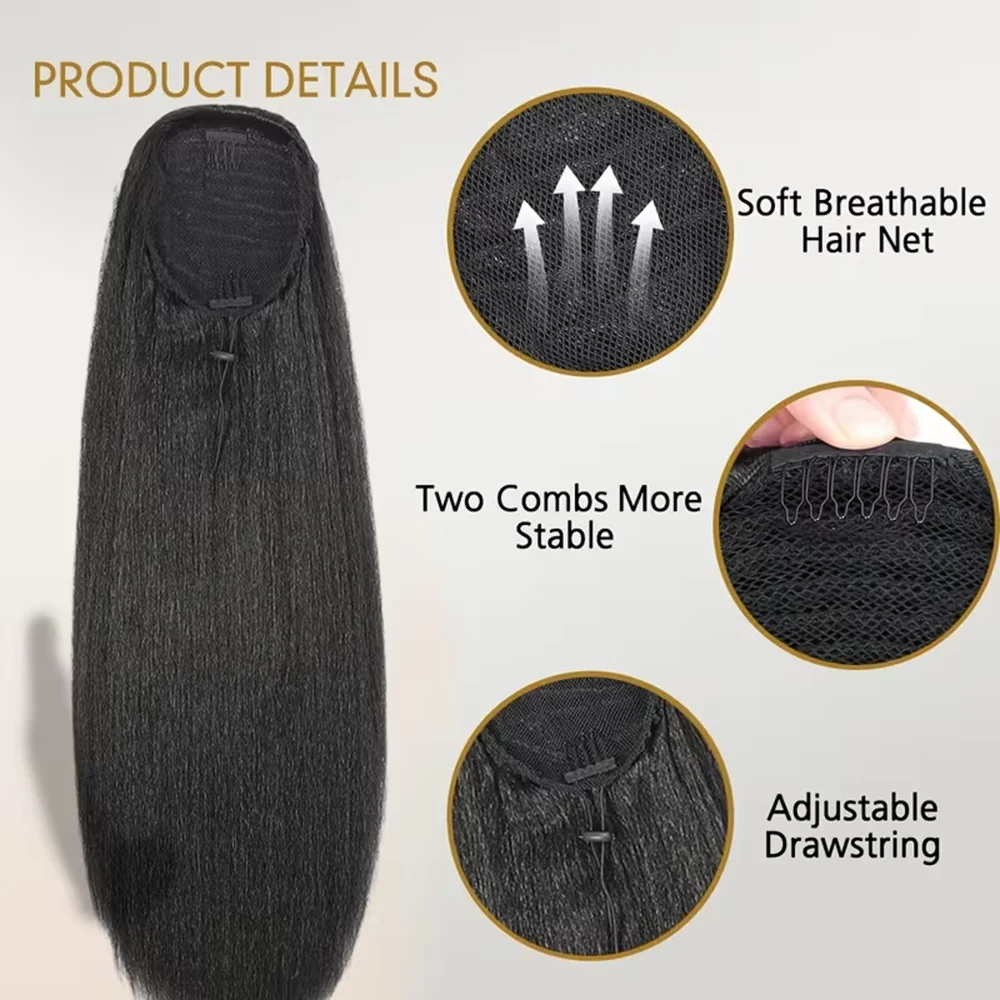 Shesbeauty 26Inch Yaki Straight Drawstring Ponytail Straight Clip-In Hair Extensions Synthetic Full and Thick Ponytail for Women