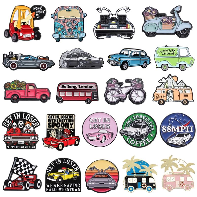 Cartoon Vehicle Car Enamel Pins Sports Car Racing Bike Travel Bus ...