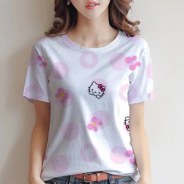 귀여운 KT 고양이 프린트 어린이 티셔츠, 데일리 캐주얼, 편안한 라운드넥, 패션 반팔, 신상