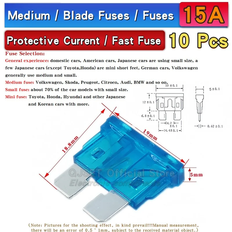 Assorted Miniature Medium-Small Amp Fuses Set - 10 pcs, 5A to 50A Range