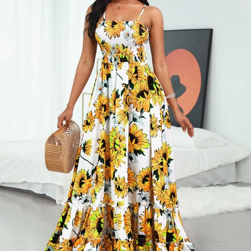 

2024 Spring Summer New Women's Clothing Yellow Sunflower Print Sling Long Holiday Dress