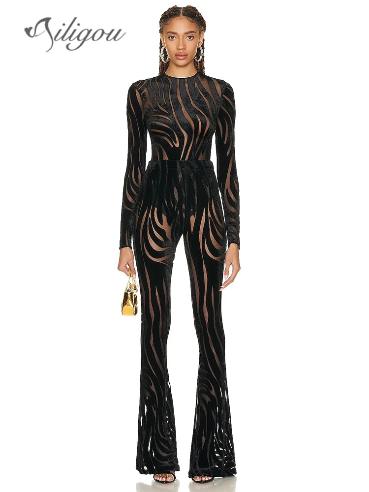 

Ailigou 2023 новый осенний женский сетчатый черный полосатый брючный комбинезон комплект из 2 частей сексуальный облегающий Модный женский комплект